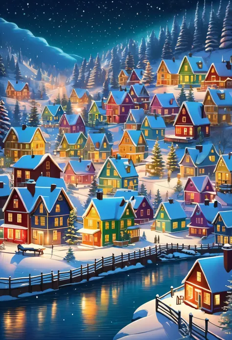 A serene winter night scene featuring a charming village of colorful wooden houses nestled along a snowy riverside. The houses are illuminated from within, casting warm, inviting glows that reflect beautifully on the calm water below. Snowflakes gently fal...