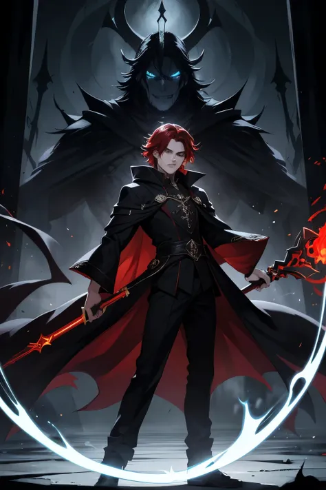 A charismatic and dangerous male sorcerer, his fiery red hair wild and untamed, framing his face with a fierce intensity. His eyes are a deep, unsettling red, glowing with a manic energy that hints at his unstable nature. He wears a lavish black and red no...