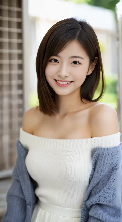 masterpiece,best quality,(Japanese girl),((Beautiful girl)),cleavage,(off shoulder:1.2),(perfect body beauty:1.2),(shy smile)