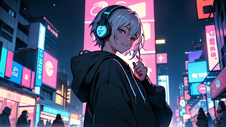 woman、 facing the front 、 are cool、 laughing、 The background is a night cityscape、 wearing a hoodie、 quiet atmosphere 、 in the middle of the night、The sky is dark、 clear lines 、The hair is tied at the back、 super high definition 、 headphones on my clothes、...