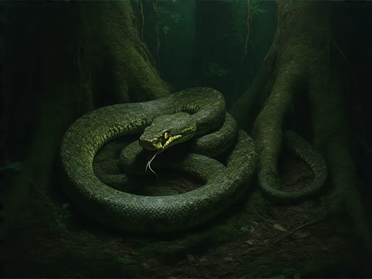 "A gargantuan python, its body as thick as an ancient tree trunk, slithers ominously through a dense, shadowy jungle. Its scales gleam with intricate patterns of green, gold, and black, reflecting faint rays of moonlight piercing through the thick canopy. ...