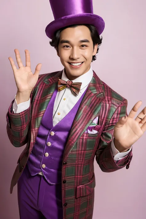 A cheerful Indonesian individual dressed as Willy Wonka, with a bright, welcoming expression and friendly gestures. They wear a colorful purple velvet coat over a playful patterned vest, paired with tailored trousers. A large, vibrant bow tie adds a whimsi...