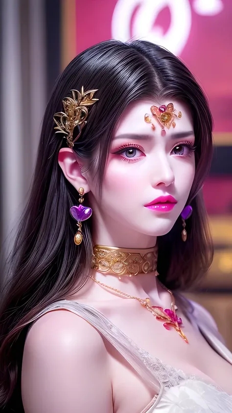 Beautiful,  White Asian Women , K-pop Aidou , Long full white wavy curls ,  Amber Eyes ,  Lavender Dress , Saggy Crescent Eyes , White eyelashes,  heart-shaped amethyst necklace and cut amethyst earrings, Small face,  Pink Careful Lips . pale.  actual 