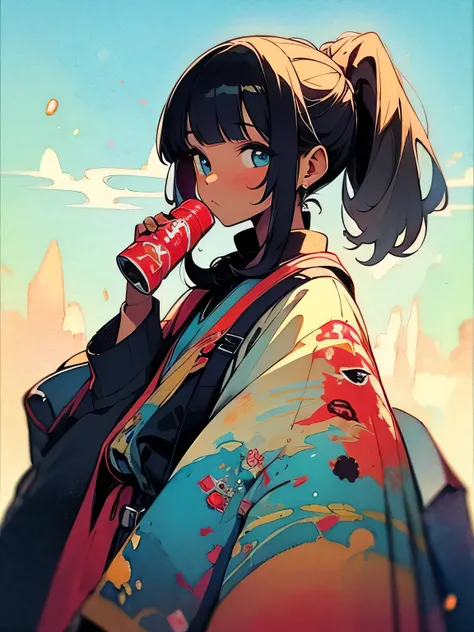 sideview,(looking at viewer),solo,upperbody,white ponytail,blunt bangs,(dark skin),Beside the giraffe, a girl drinking (have a coca cola can), the savannah, the blue sky, like a painting、like a painting, watercolor painting style, The Art of Mathematics, O...