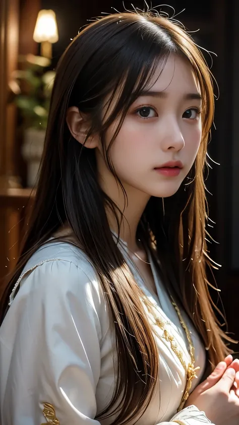 highres , ultra detailed , nikon 8k camera, cinematic lighting , 1 beautiful japanese girl, highly detailed beautiful face , long hair, praying wholeheartedly, 19th century european girls clothes, Inside a Baroque architecture , Majestic and quiet atmosphe...