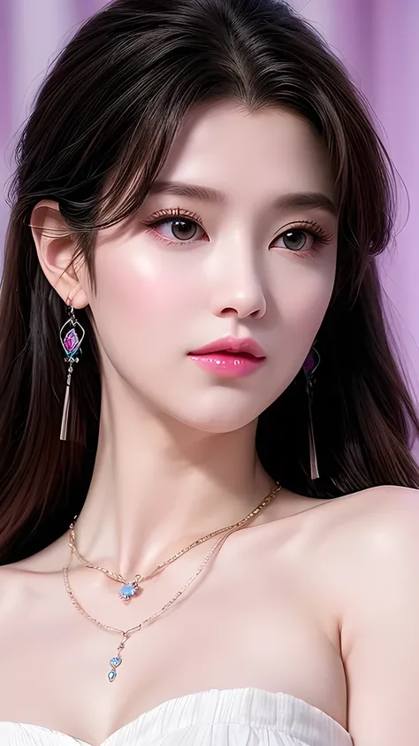 Beautiful, White Asian Women , K-pop Aidou , Long full white wavy curls , Amber Eyes , Lavender Dress , Saggy Crescent Eyes , White eyelashes, heart-shaped amethyst necklace and cut amethyst earrings, Small face, Pink Careful Lips . pale. actual