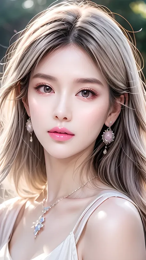 Beautiful,  White Asian Women , K-pop Aidou , Long full white wavy curls ,  Amber Eyes ,  Lavender Dress , Saggy Crescent Eyes , White eyelashes,  heart-shaped amethyst necklace and cut amethyst earrings, Small face,  Pink Careful Lips . pale.  actual  