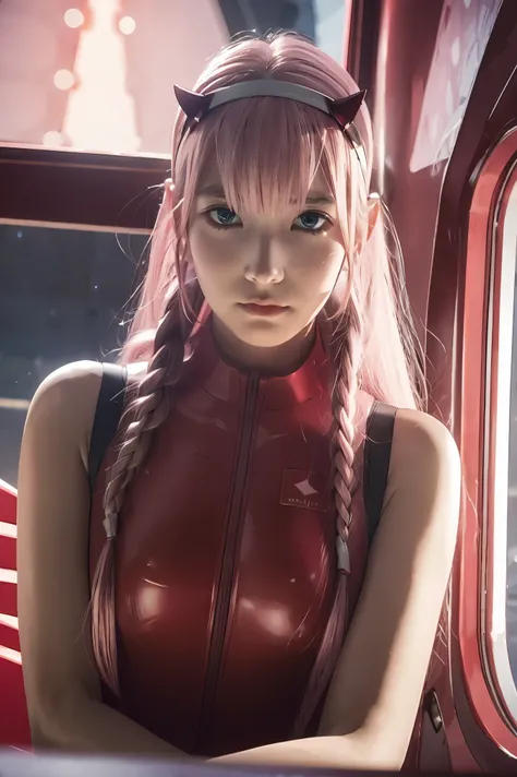 dynamic angle,ultra-detailed, illustration, straight on, 1girl, ((Zero two, interface headband with a pair of horns, red bodysuit:1.4, pink hair)), Her eyes shone like dreamy stars,(glowing eyes:1.233),(beautiful and detailed eyes:1.1),(expressionless, clo...