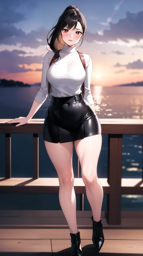 romantic date to the seaside, full moon background, lady in love, unsure, diffident, timid, shy, coy, full body, portrait,white mono turtleneck sweater vest, long black tight skirt, hair clip, hair ornament, red eyes:1.5, red pupils:2.0, red lips:1.2, str...