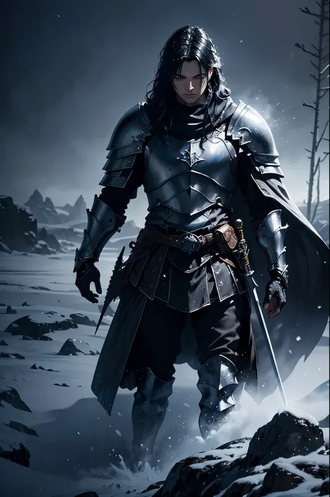 a knight in shining armor, dramatic lighting, epic fantasy, dark and moody, cold and icy, dramatic poses, medieval armor, flowing cape, sword in hand, intense expression, snow covered landscape, atmospheric lighting, volumetric lighting, cinematic composit...