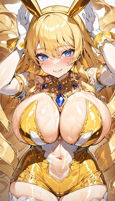  anime illustration、Alone,( Big Breasts)、( perfect eyes,  top quality:1.2),Large and attractive breasts, top quality、idol carving、Perfect Proportions, blonde alone、  Lower abdomen ,  Golden Bunny Suit 、 transparent stockings , Glowing White Skin,   Shining...