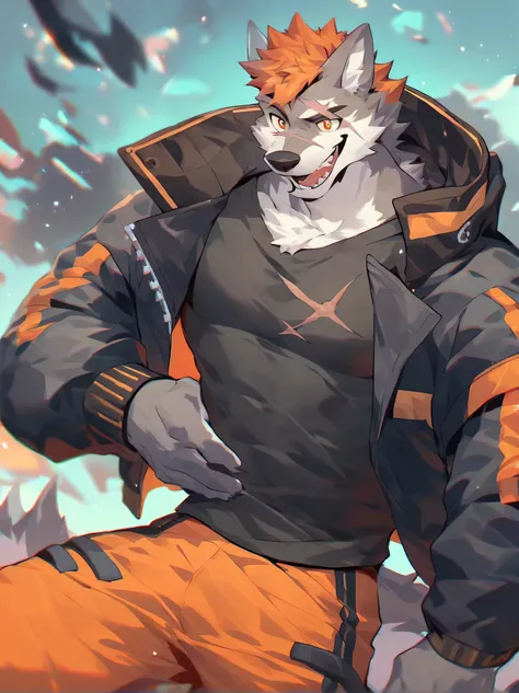 Male gray wolf ， off-white fur，  Orange Hair  ，golden red pupils， Orange pants ，Open mouth smile，There is a scar on the left eye，source_  furry, jacket,   streetwear , by littleblackalas 