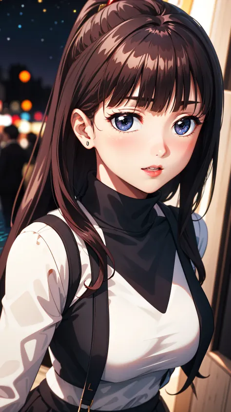 romantic date to the seaside, full moon background, lady in love, unsure, diffident, timid, shy, coy, full body, portrait,white mono turtleneck sweater vest, long black tight skirt, hair clip, hair ornament, red eyes:1.5, red pupils:2.0, red lips:1.2, str...