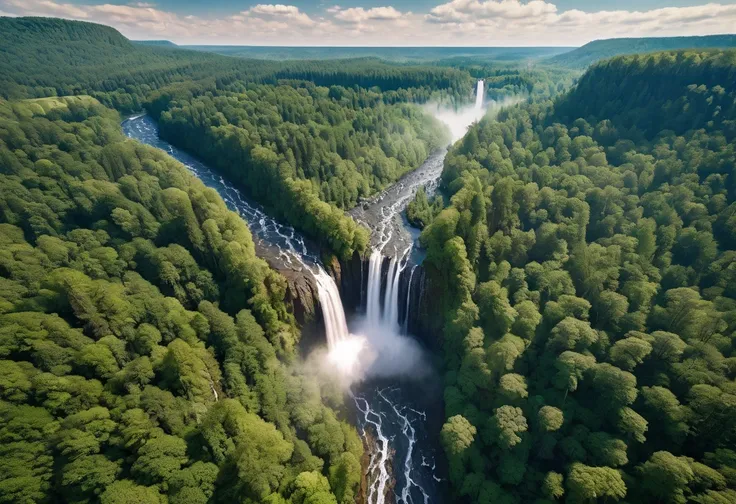 Aerial View of Valley Falls with Forest in the Background , Exquisite Matte Painting by Doug Wildey , Pexels Contest with Visible Bridges and Towers, letter, tree々and a waterfall, forest and waterfall, waterfalls and lakes, High Falls , Waterfall in the...