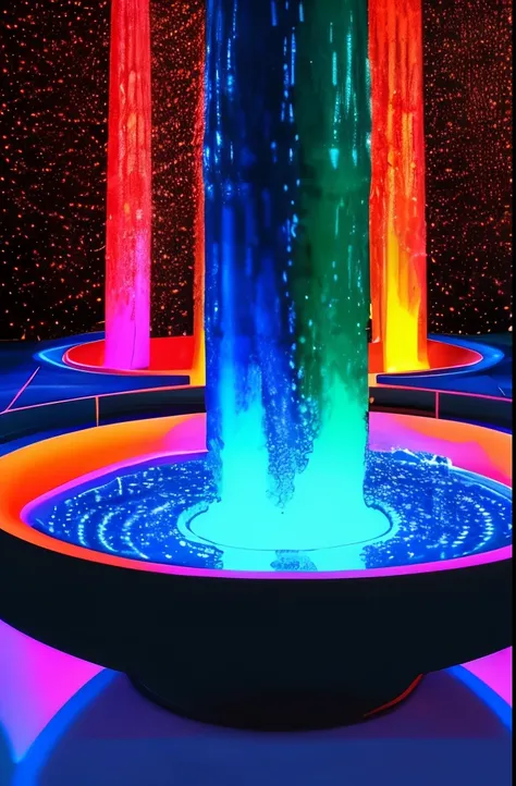 a close up of a water fountain with many lights on it, concept art inspired by Tim White, tumblr, psychedelic art, magical colors and atmosphere, magical colours and atmosphere, psychedelic ski resort, galactic waterfalls, : psychedelic ski resort, magical...