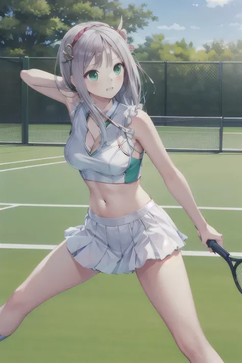 She is wearing a white tennis outfit, with her white undergarments visible. She holds a single tennis racket with both hands in a poised and focused manner. The lush green grass tennis court stretches out in the background. This scene radiates elegance, po...