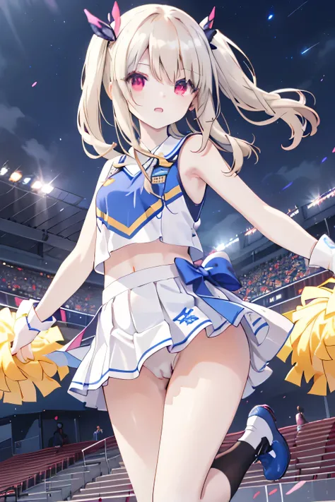 nsfw. Shes wearing a cheerleader costume with a cute design, and her miniskirt and bright bow are eye-catching. She is holding blue pompoms in both hands. The background is a soccer stadium illuminated by the night sky, and the lighting creates a dramatic ...