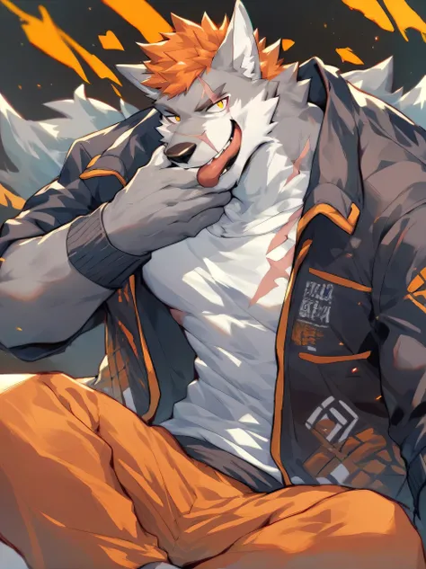 Male gray wolf ， off-white fur，  Orange Hair  ，golden red pupils， Orange pants ，Smile，licking mouth，There is a scar on the left eye，source_  furry, jacket,   streetwear , by littleblackalas 