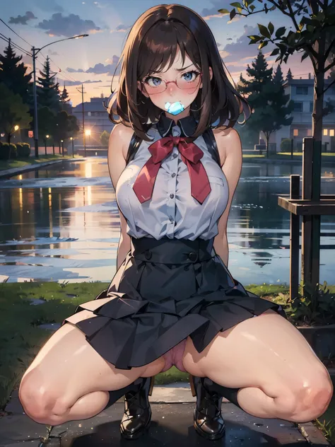 anime - style illustration of a woman in a high school outfit, sleeveless shirt:1.5, micro skirt:1.5, anime character, official character art, feminine, full body, female anime girl, spread legs and squatting Posing:1.5, dark hair, parted bangs, glasses, (...