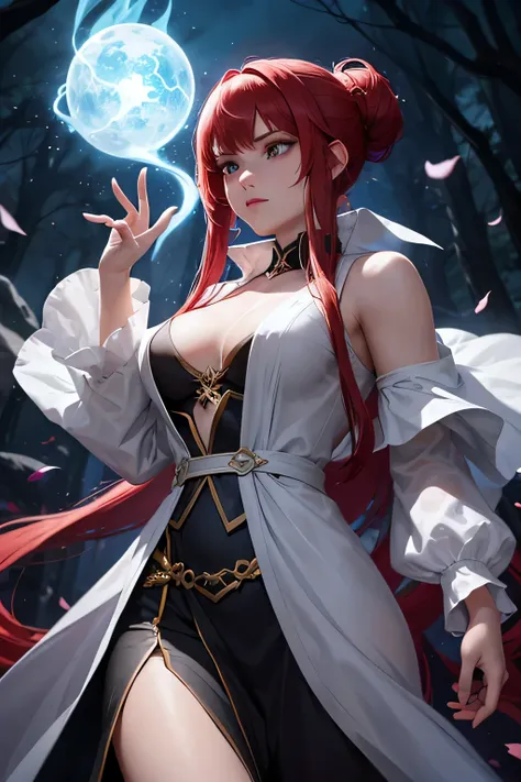 Alicia, a beautiful young sorceress with red updo hair, stands in a dark, mystical setting. Her deep white and silver-accented robes shimmer with magical symbols, and her intelligent, determined gaze reflects wisdom and strength. Her hands glow with a fain...