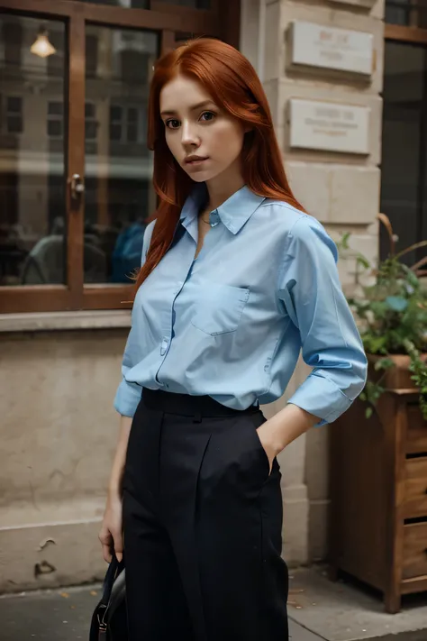 red-haired woman standing dressed in a light blue shirt and black trousers