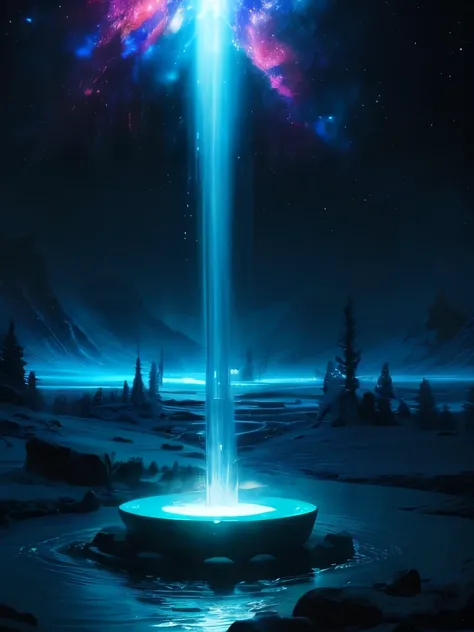 a close up of a water fountain with many lights on it, magical colors and atmosphere, magical colours and atmosphere, psychedelic ski resort, galactic waterfalls, : psychedelic ski resort, magical environment, psychedelic landscape, magical landscape, in a...