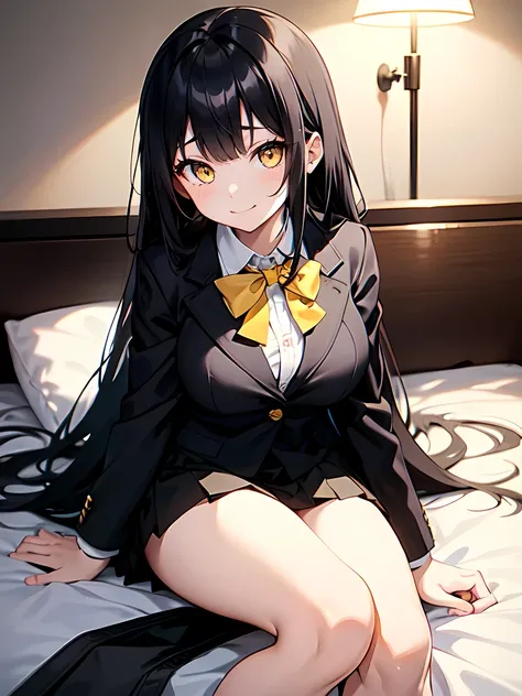  black hair、Yellow Eyes、 straight long hair、 blazer:1.3、 black school uniform:1.3、 bow tie 、 black miniskirt:1.3、Big Breasts:1.3、Thighs、smile、 Closed Her Mouth 、Hotel at night、 bed、 Anime Style:1.3
