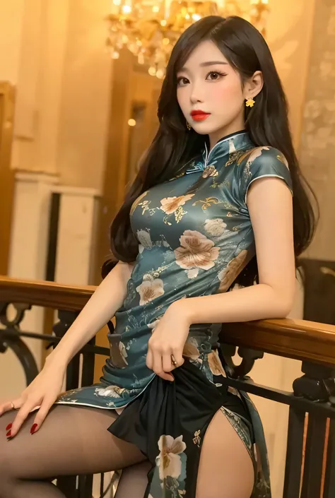 Photorealistic, Hanfu Chinese female celebrity newscaster wearing a Chinese dress and pantyhose, gold earrings, red lips, long silky black hair, perfect bangs, eye shadow, attractive beauty, long black eyelashes, black eyeliner, seductive young skinny woma...