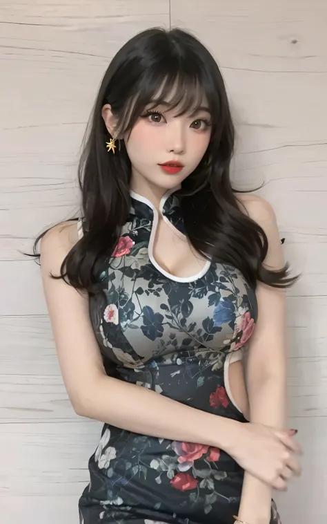 Photorealistic, Hanfu Chinese female celebrity newscaster wearing a Chinese dress, gold earrings, red lips, long silky black hair, perfect bangs, eye shadow, attractive beauty, long black eyelashes, black eyeliner, seductive young skinny woman、pretty thin ...