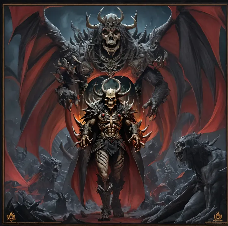 a card with a picture of a monster and two skulls, ornate supreme demon overlord, beautiful male god of death, undead skeleton king, on an epic intricate oroboros, from overlord, lord of beasts, portrait of the god of death, demon lord, monstrous skull, th...