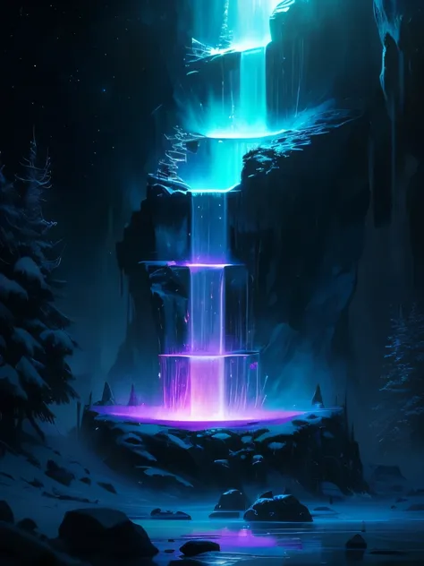 a close up of a water fountain with many lights on it, concept art inspired by Tim White, tumblr, psychedelic art, magical colors and atmosphere, magical colours and atmosphere, psychedelic ski resort, galactic waterfalls, : psychedelic ski resort, magical...