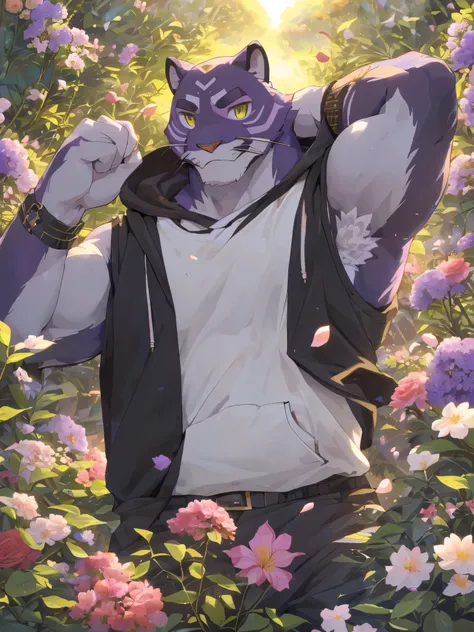 masterpiece,best quality, lilys greenhouse，Sunlight，Flowers，plant，Male focus，black panther orcs，delicate portrayal of the face，(perfect scenery:1.5), (full black color fur slightly light purple, purple eyebrows:1.5)， yellow colored delicate eyes, detailed ...