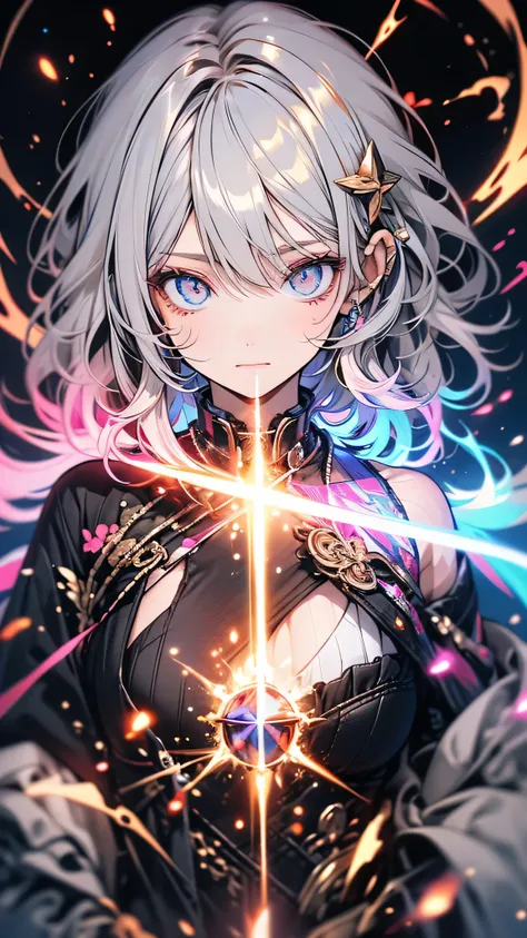 Portraiture,  long hair, Grey Hair,  golden eyes,   one girl, head, face,  Magical Girl,  absurd, masterpiece,  top quality,  Magical Girlコスチューム, (( Magical Girl )),  short hair, destruction, anger,  dynamic poses , The End, Spell casting,    full body sho...