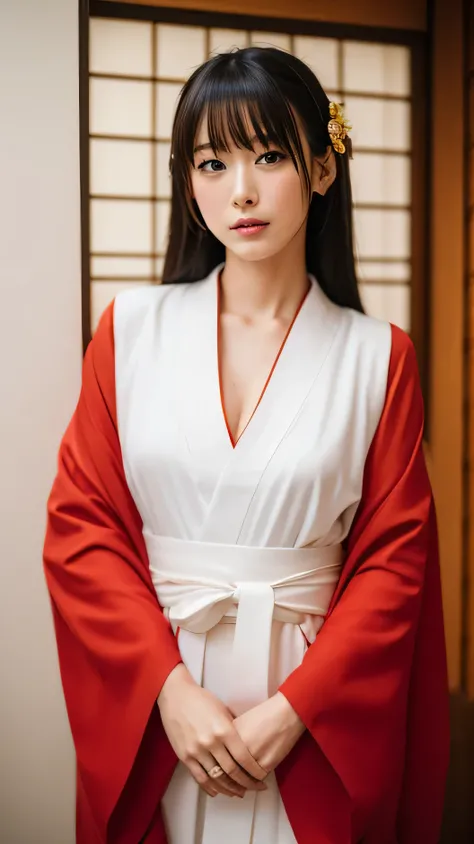  Japanese、Shrine maiden、White hakama with red kimono inside、 black hair