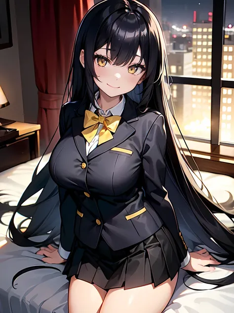  black hair、Yellow Eyes、 straight long hair、 blazer:1.3、 black school uniform:1.3、 bow tie 、 black miniskirt:1.3、Big Breasts:1.3、Thighs、smile、 closed mouth 、Hotel at night、 bed、 anime style:1.3
