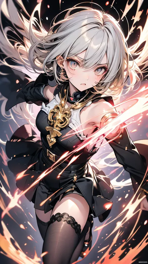 Portraiture,  long hair, Grey Hair,  golden eyes,   one girl, head, face,  Magical Girl,  absurd, masterpiece,  top quality,  Magical Girlコスチューム, (( Magical Girl )),  short hair, destruction, anger,  dynamic poses , The End, Spell casting,    full body sho...