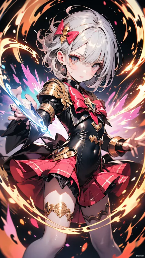 Portraiture,  long hair, Grey Hair,  golden eyes,   one girl, head, face,  Magical Girl,  absurd, masterpiece,  top quality,  Magical Girlコスチューム, (( Magical Girl )),  short hair, destruction, anger,  dynamic poses , The End, Spell casting,    full body sho...