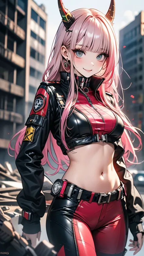  very detailed background , masterpiece,  top quality,  1 girl in uniform, Alone, ((masterpiece,  top quality)), best aesthetic , Zero Two (  darling in the frankis),   darling in the frankis, bangs, bite, ,  covered navel ,  Eye Shadow ,  green eyes, Hair...