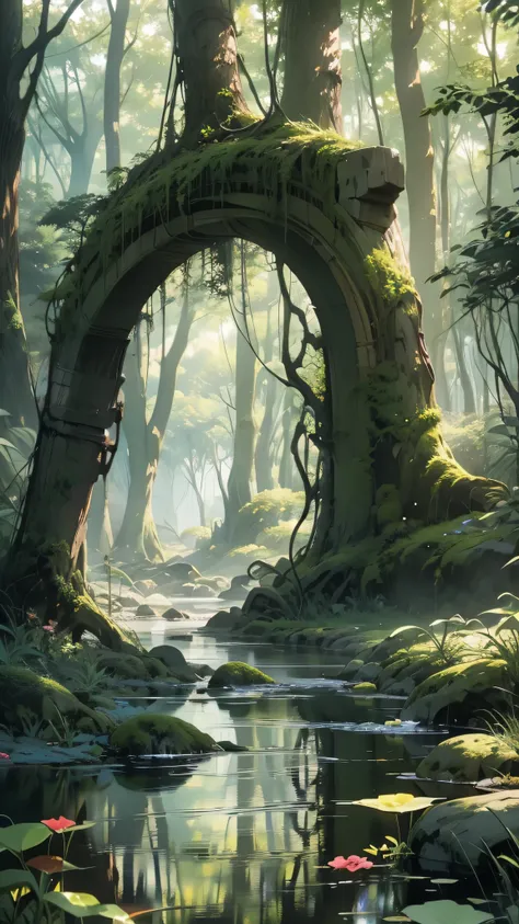 Create awe-inspiring digital art pieces that capture the tranquil beauty of an ancient forest at dusk, そびえ立つtree々The scene should depict the figure bathed in soft light., tree々Golden light shining through, Casting a gentle shadow on the lush undergrowth. T...