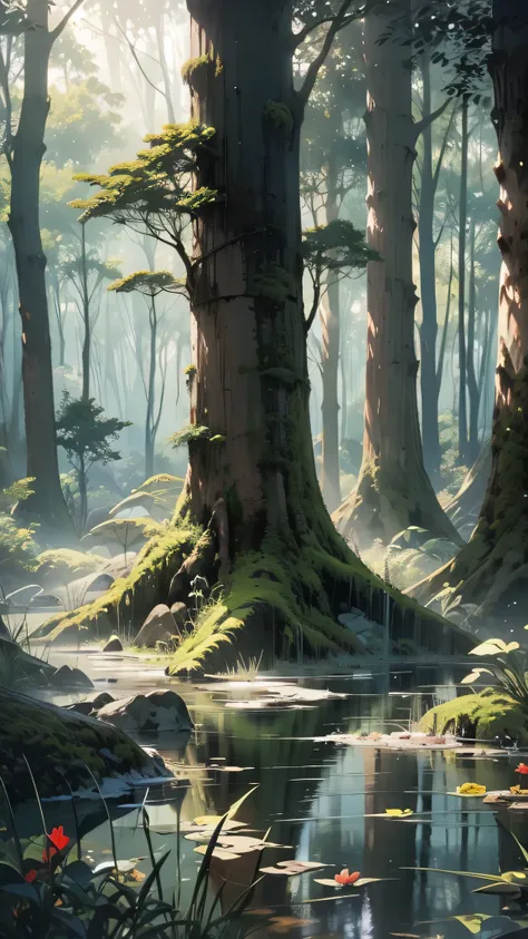 Create awe-inspiring digital art pieces that capture the tranquil beauty of an ancient forest at dusk, そびえ立つtree々The scene should depict the figure bathed in soft light., tree々Golden light shining through, Casting a gentle shadow on the lush undergrowth. T...