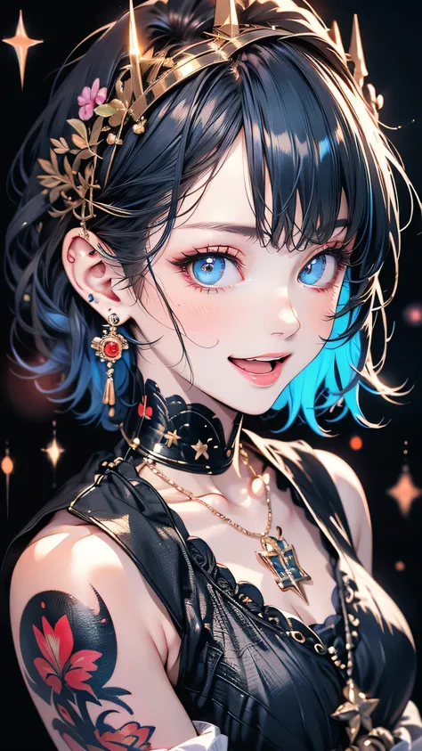 masterpiece, 最 High Quality ,  High Quality ,  very detailed CG uniform 8k wallpaper,  1 girl in uniform, Alone,  blue hair under eyes, tattoo,  short hair,  have , gem, smile,  Necklaces ,  Staring at the Audience ,  have ,  realistic ,  open mouth, teeth...