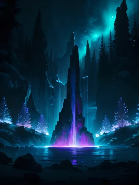 a close up of a water fountain with many lights on it, concept art inspired by Tim White, tumblr, psychedelic art, magical colors and atmosphere, magical colours and atmosphere, psychedelic ski resort, galactic waterfalls, : psychedelic ski resort, magical...