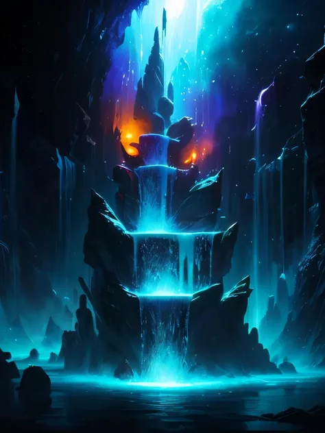 a close up of a water fountain with many lights on it, concept art inspired by Tim White, tumblr, psychedelic art, magical colors and atmosphere, magical colours and atmosphere, psychedelic ski resort, galactic waterfalls, : psychedelic ski resort, magical...