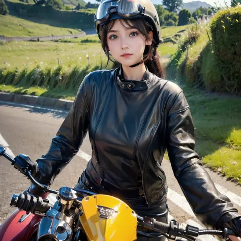 (A young female rider speeds along on a motorcycle)、Vintage Bikes、Bluff Superior SS100、Isle of Man Races、Leather jumper、Cromwell helmet with goggles、After the Rain、English countryside、(Highest quality, masterpiece, High resolution)、8k、wallpaper,masterpiece...