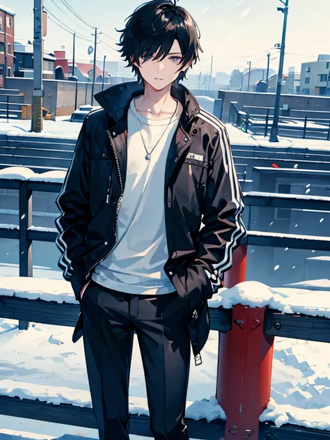  short hair　 (((male)))　 black hair　pants　 street fashion 　 Long Sleeve 　Put your foot on the guardrail　Put on a jacket　snow