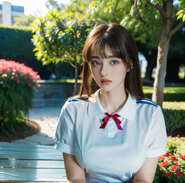 8K quality,  Masterpiece,  bright artistic lighting,  super real , A garden full of flowers ,  one girl,  Brunette with Bangs , (High school girl in uniform), (High chest position:1.4), (Big Breasts:1.4), From the chest up, ( red ribbon tie), (Bright and S...