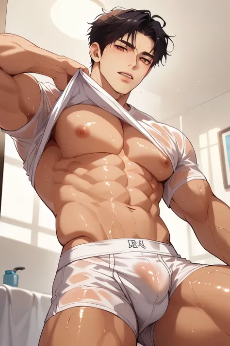 anime guy in White underwear posing in a bathroom with his shirt open, Strong!!, Strong!, Strong! White, Strong!!!,  muscular posture, gigachad Strong,  handsome anime pose , shirtless :: high detail, OPPEIN, Anime handsome guy,  super strong and cool , St...