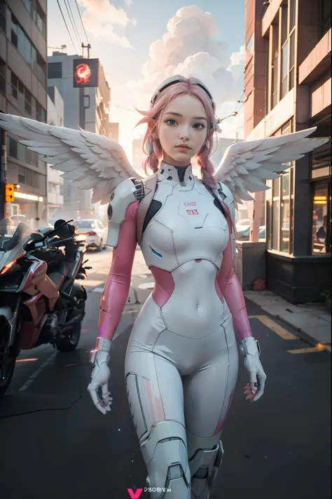 ((masterpiece, best quality, extremely detailed), volumetric lighting, ambient occlusion, colorful, glowing), 1girl, solo, young girl, (pink hair), long hair, halo, aura, sacred, godness, cyber suit, (white outfit:1.3), android, bot, angel wings, outdoors,...