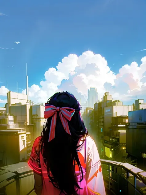 there is a woman standing on a bridge with a scarf on, girl clouds, panoramic view of girl, with clouds in the sky, visible from afar!!, face in the clouds, looking at the sky, looking to the sky, looking off into the distance, a red bow in her hair, weari...