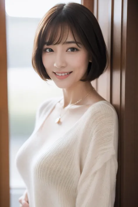 8k、top-quality、masterpiece、Super A high resolution、photograph、 beautiful Japanese womans elegance 、One Woman、Beautiful smile、Transparent atmosphere、Sexy lips、Diagonal bangs、Beautiful Face、Very short、Shortcut、 short hair、Make a Bang、smile、 natural soft ligh...